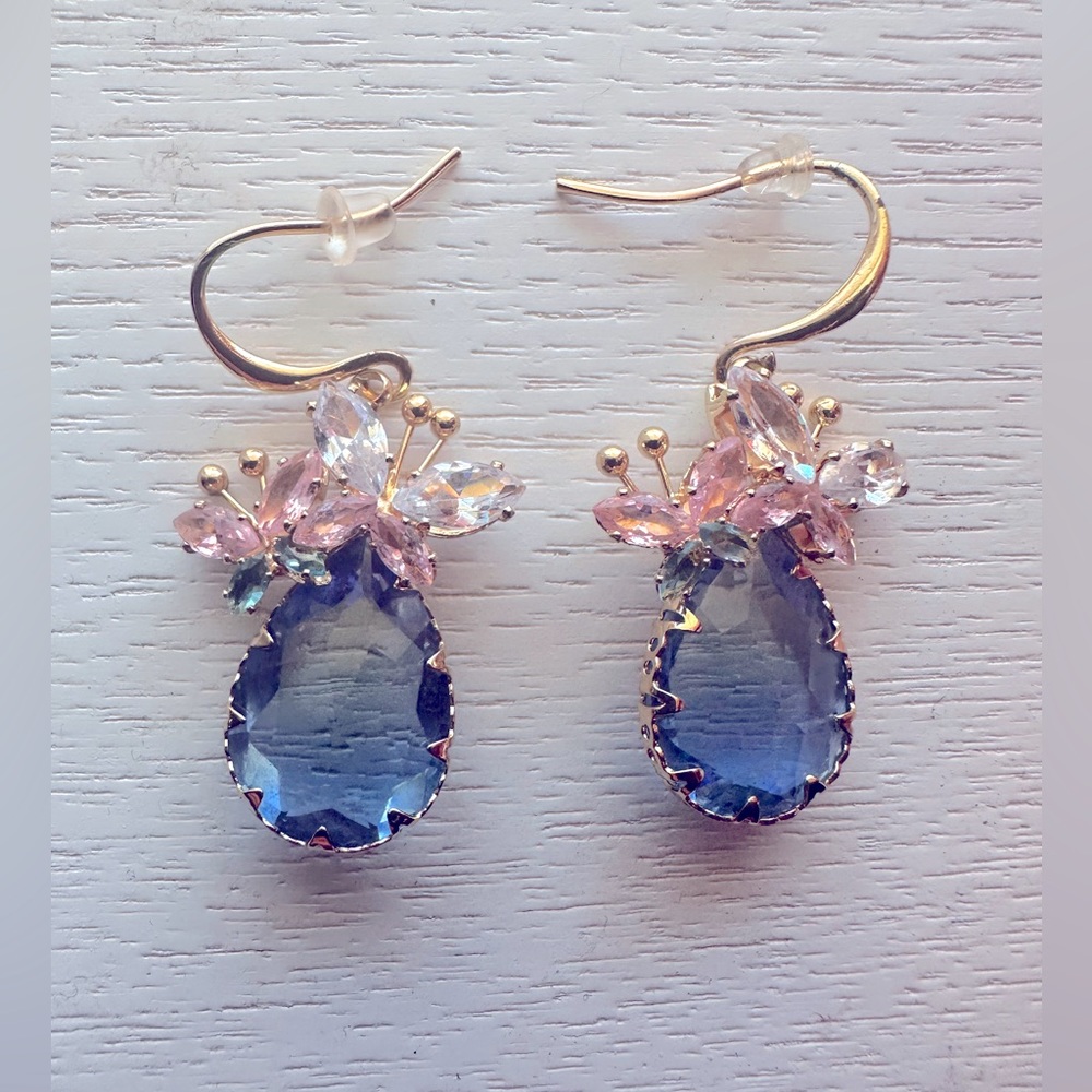 Blue and pink crystal drop earrings